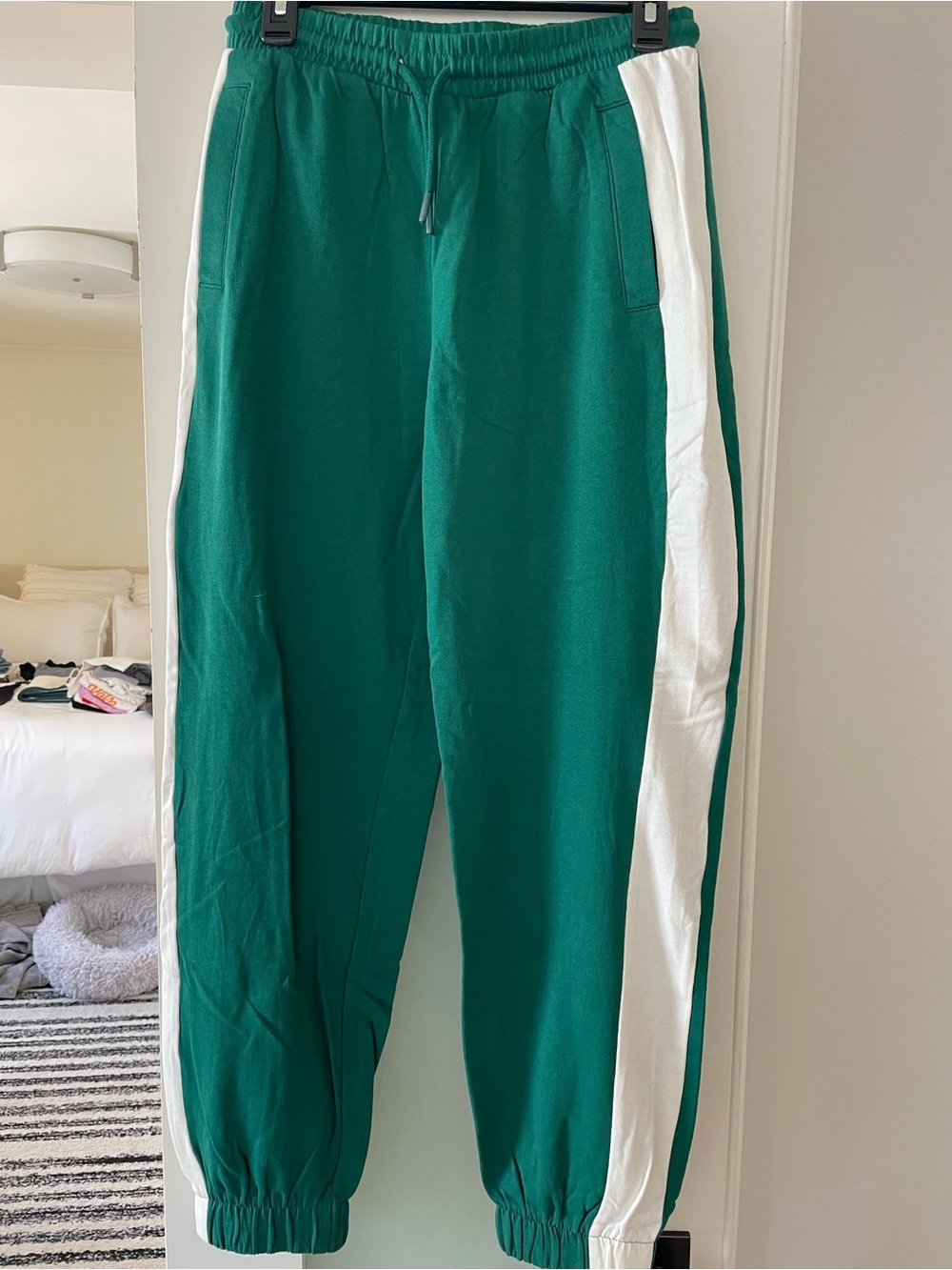 Zara Green Track Pants with White Side Stripes